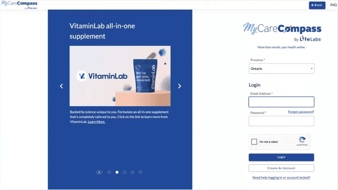 MyCareCompass login screen