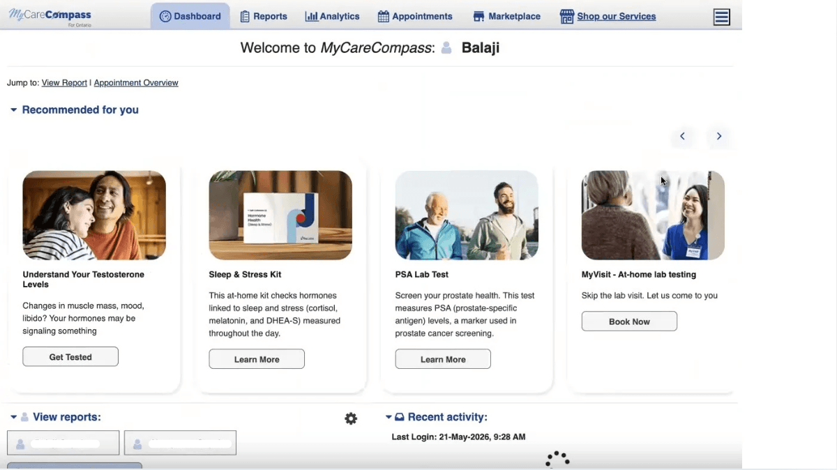 MyCareCompass dashboard with View Report button highlighted