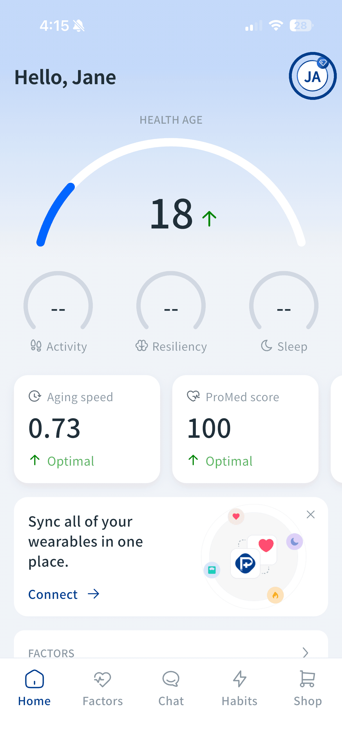 ProMed home screen showing Health Age dashboard