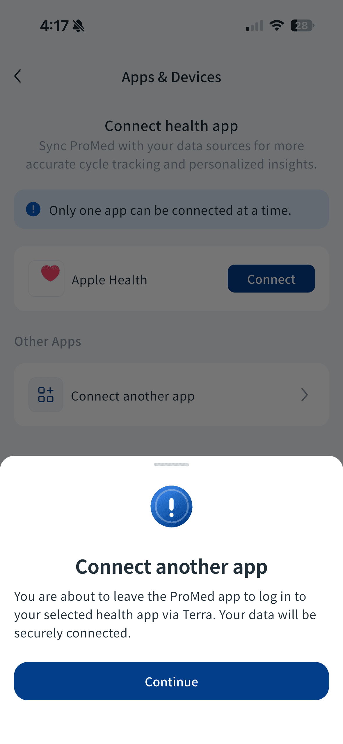 Confirmation modal to connect another app