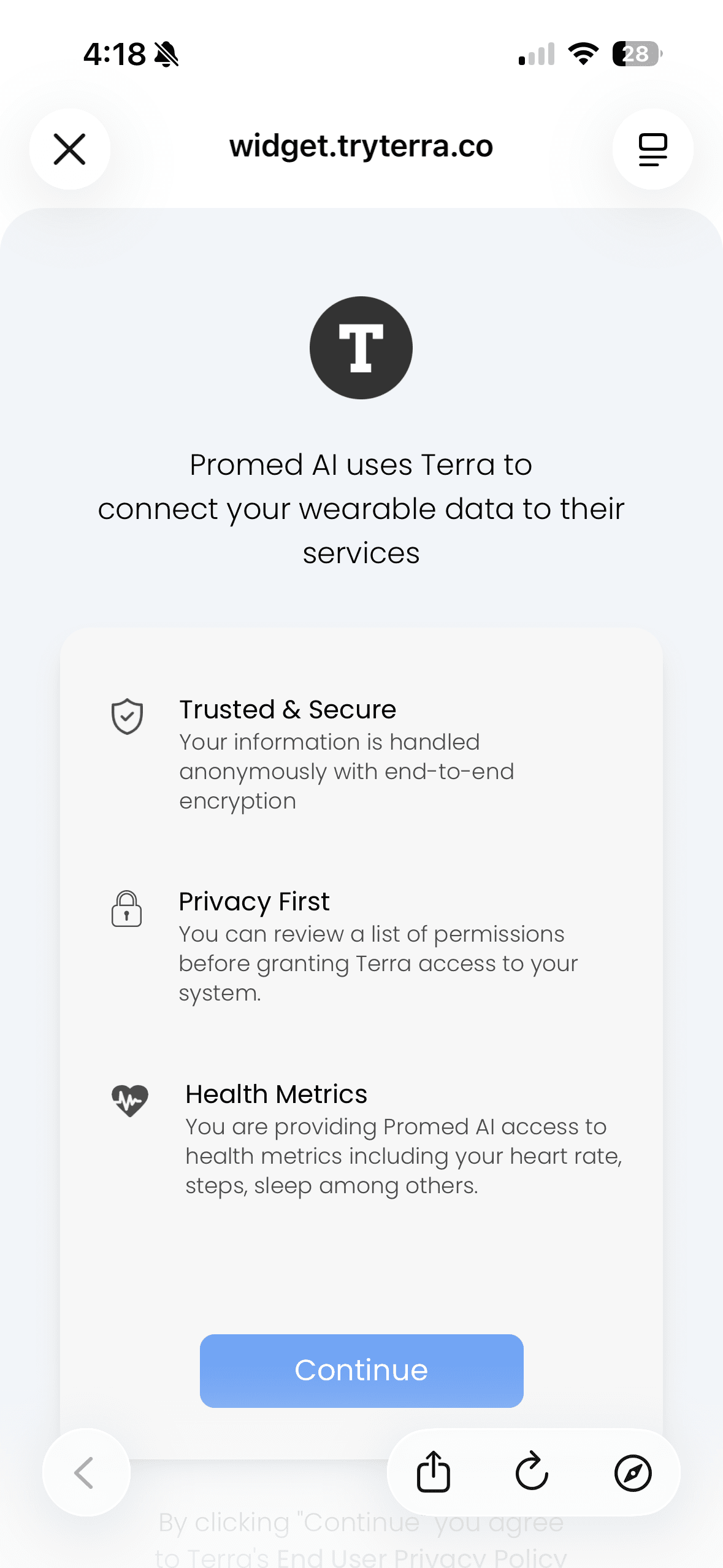 Terra intro screen explaining the integration