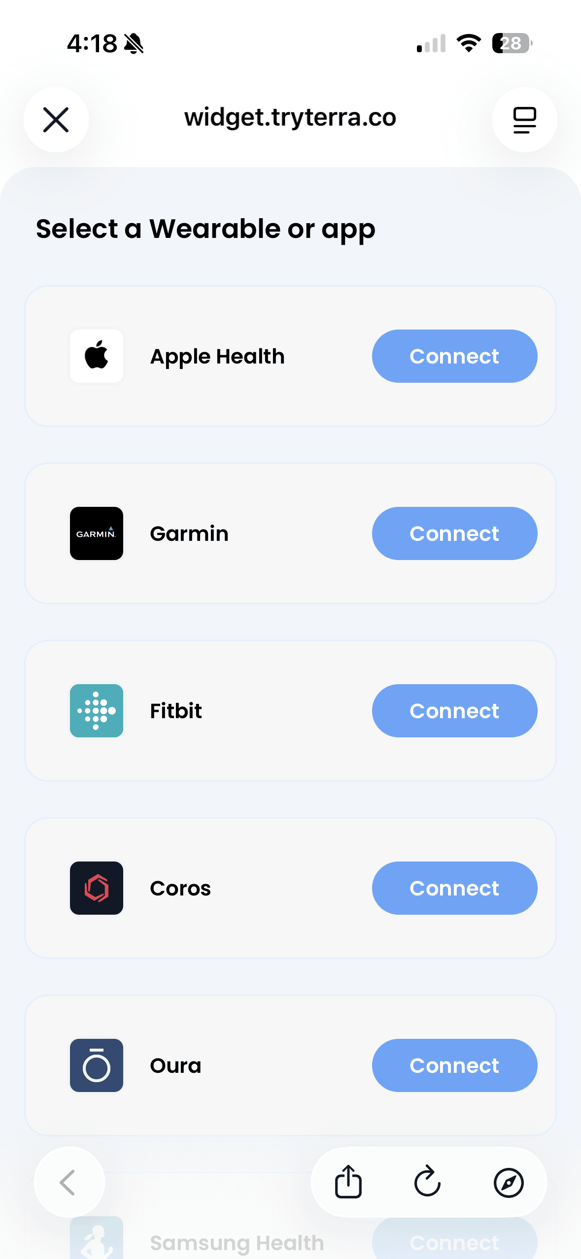 Wearable selection screen showing Apple Health, Garmin, Fitbit, Coros, Oura, Samsung