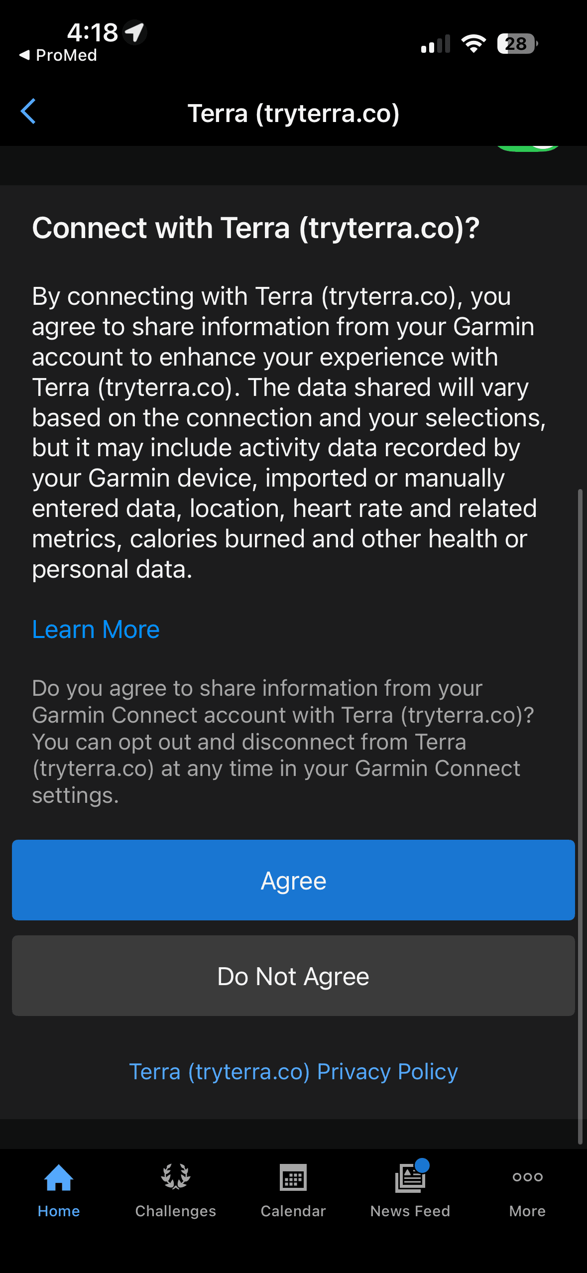 Garmin data sharing authorization screen
