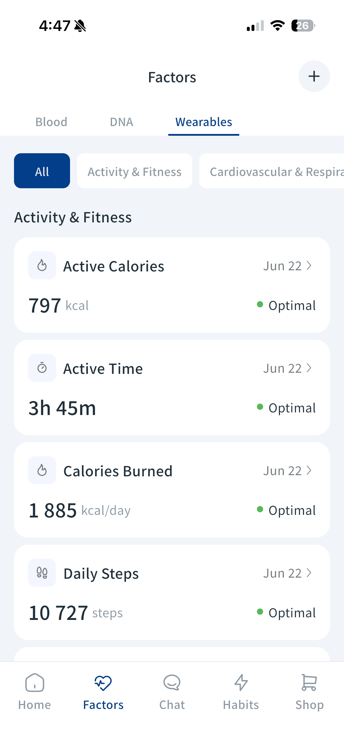 Wearables data screen showing Activity and Fitness metrics