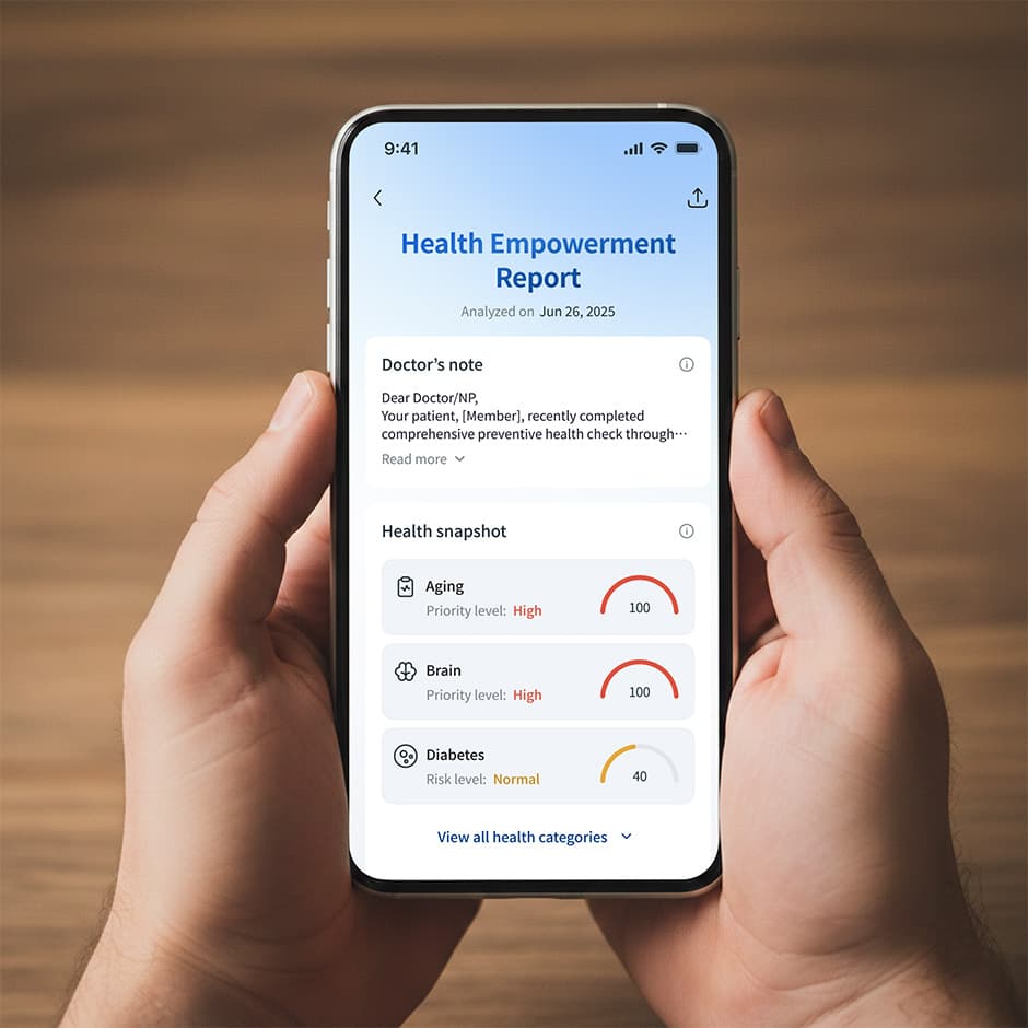 Health Connect physician view showing a patient's health empowerment report, doctor's note and health snapshot